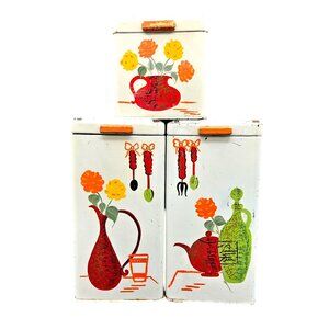 Vintage 1950s-1960s Ransburg Metal Kitchen Canisters With Hand painted  Floral